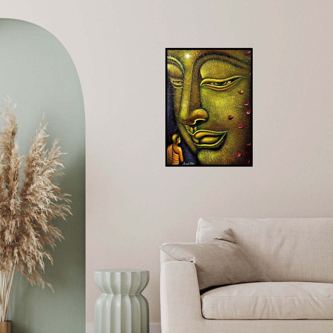 In-situ view of Ramesh Patel's 'Buddha And Devotee (Compassionate Buddha)' painting in a room