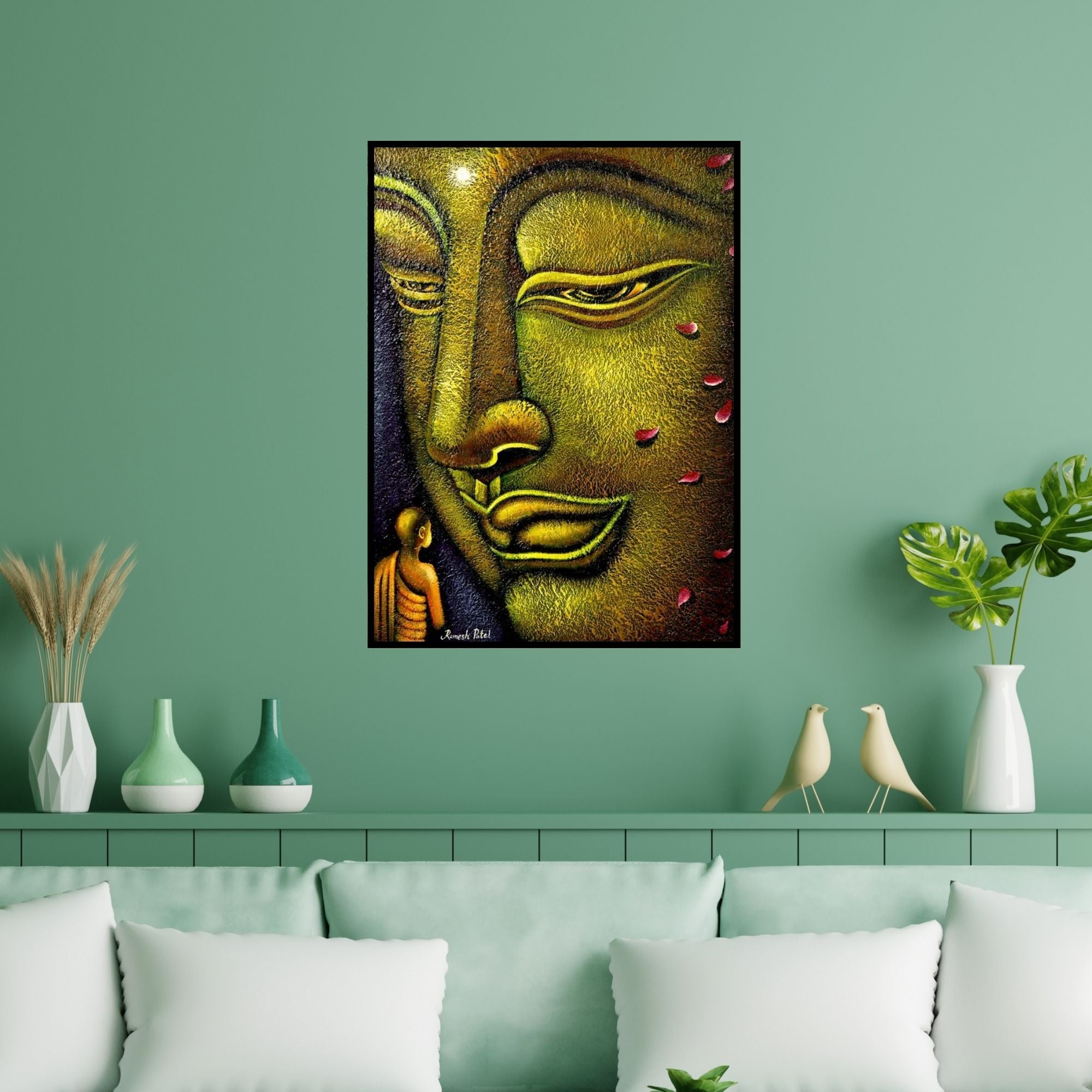 Preview of 'Buddha And Devotee (Compassionate Buddha)' Painting by Ramesh Patel shown on a wall in a furnished room.