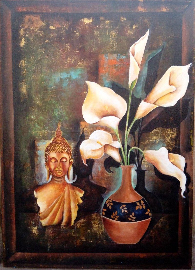 Still-life acrylic painting titled 'Buddha And Lily', 32x46 inches, by artist Arjun Das on Brass