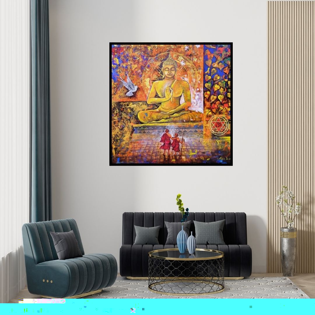 Preview of 'Buddha And Monk 10 (Eternal Embrace)' Painting by Arjun Das shown on a wall in a furnished room.