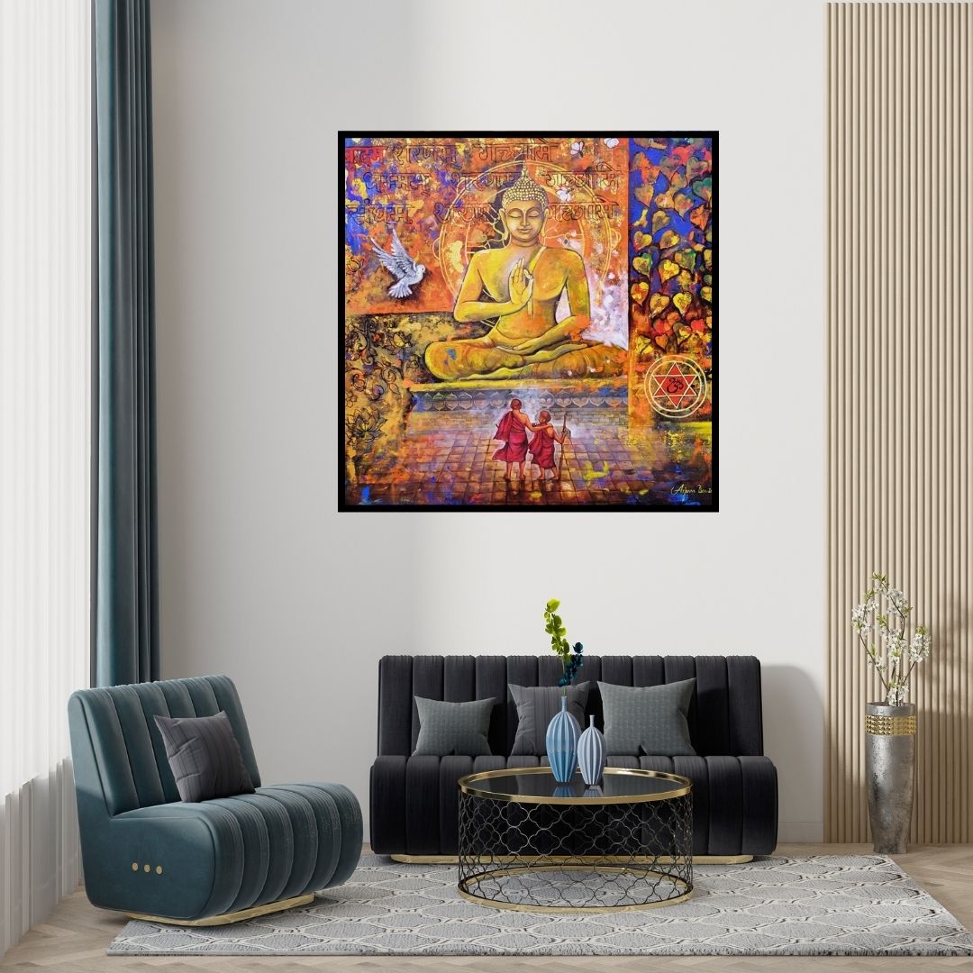 Arjun Das's 'Buddha And Monk 10 (Eternal Embrace)' Painting visualized above a sofa in a contemporary room
