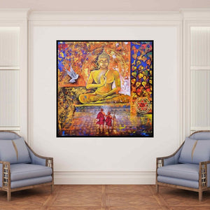Arjun Das's painting 'Buddha And Monk 10 (Seeking Refuge)' displayed in a modern living room setting