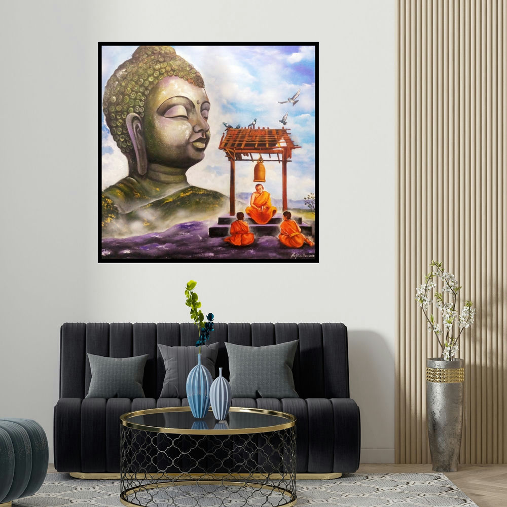 Arjun Das's 'Buddha And Monk 13 (Path to Enlightenment)' painting visualized above a sofa in a contemporary room.