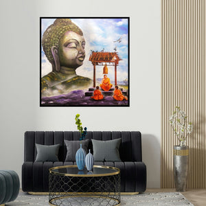Arjun Das's 'Buddha And Monk 13 (Path to Enlightenment)' painting visualized above a sofa in a contemporary room.
