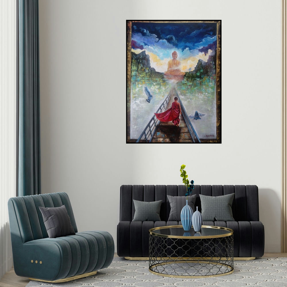Arjun Das's 'Buddha And Monk 2' painting visualized above a sofa in a contemporary room.
