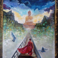 Religious acrylic painting titled 'Buddha And Monk 2', 36x48 inches, by artist Arjun Das on Canvas