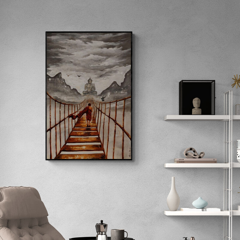 Arjun Das's painting 'Buddha And Monk 5 (Journey to Enlightenment)' displayed in a modern living room setting