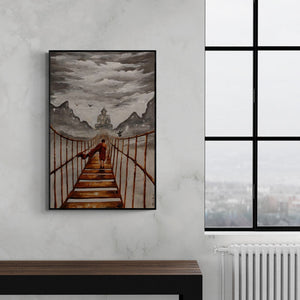 Arjun Das's 'Buddha And Monk 5 (Journey to Enlightenment)' Painting visualized above a sofa in a contemporary room