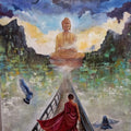 Religious acrylic painting titled 'Buddha And Monk', 40x30 inches, by artist Arjun Das on Canvas