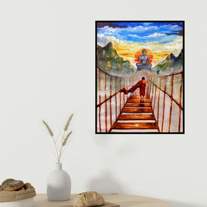 Arjun Das's 'Buddha And Monk Child (Seeking Enlightenment)' painting visualized above a sofa in a contemporary room.