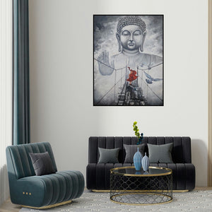 Arjun Das's 'Buddha And Monk Child 11 (Meditation on the Mountaintop)' painting visualized above a sofa in a contemporary room.