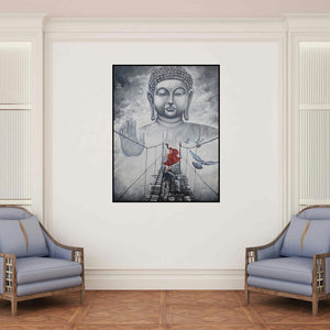 'Buddha And Monk Child 11 (Meditation on the Mountaintop)' painting by Arjun Das shown on a wall in a furnished room.