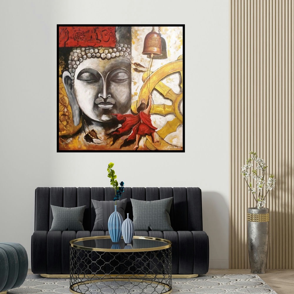Arjun Das's 'Buddha And Monk Child 12 (Buddha and Monk Child)' painting visualized above a sofa in a contemporary room.