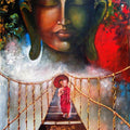 Realistic acrylic painting titled 'Buddha And Monk Child 3', 60x33 inches, by artist Arjun Das on Canvas