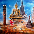 Realistic acrylic painting titled 'Buddha And Monk Child 4', 60x33 inches, by artist Arjun Das on Canvas