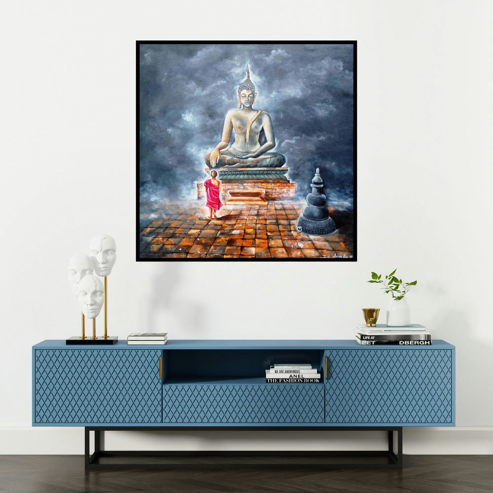 'Buddha And Monk Child' painting by Arjun Das shown on a wall in a furnished room.