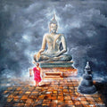 Realistic acrylic painting titled 'Buddha And Monk Child', 36x36 inches, by artist Arjun Das on Canvas