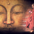 Religious oil painting titled 'Buddha And Monk Praying', 38x52 inches, by artist Shyam Verma on Canvas