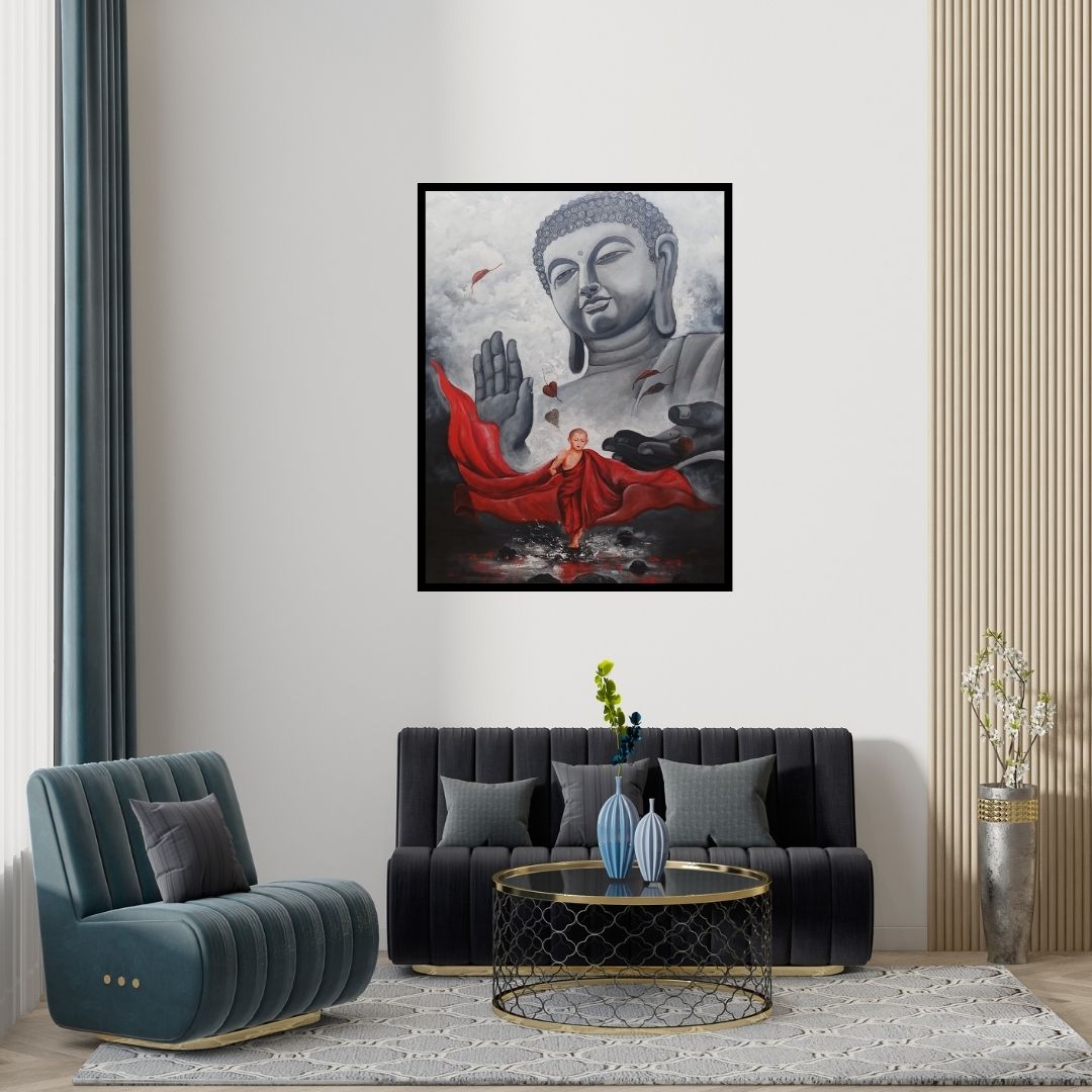 Preview of 'Buddha And Monk10' Painting by Arjun Das shown on a wall in a furnished room.