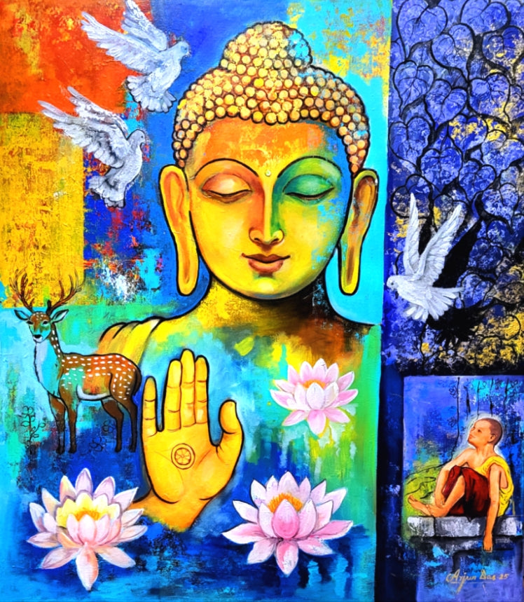 Buddha And Nature' religious acrylic painting by artist Arjun Das, 42x36 inch, on canvas