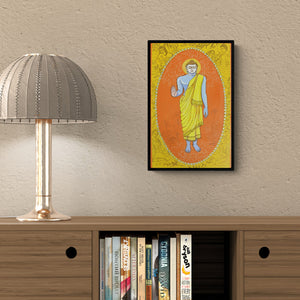 Preview of 'Buddha Avatar (Buddha's Serenity)' Painting by Manisha Srivastava shown on a wall in a furnished room.