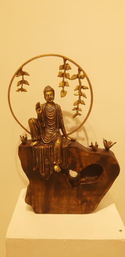 Buddha With Birds' religious Brass, Metal sculpture by artist Rohan Sonavane, 20x10 inch, on brass, metal