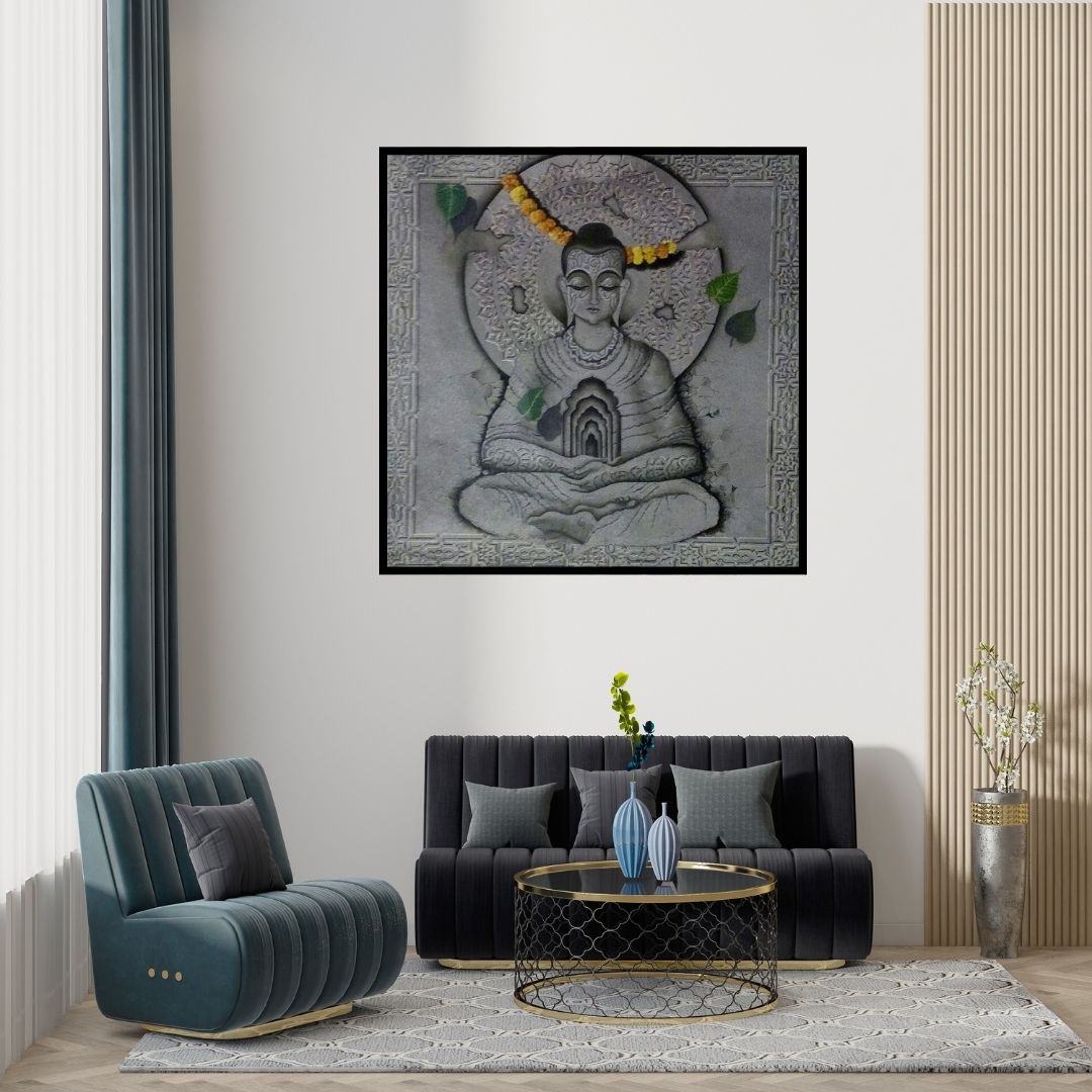 Preview of 'Buddha In Deep Meditation (Buddha Stone Meditation)' Painting by Mohd Shakeel Saifi shown on a wall in a furnished room.