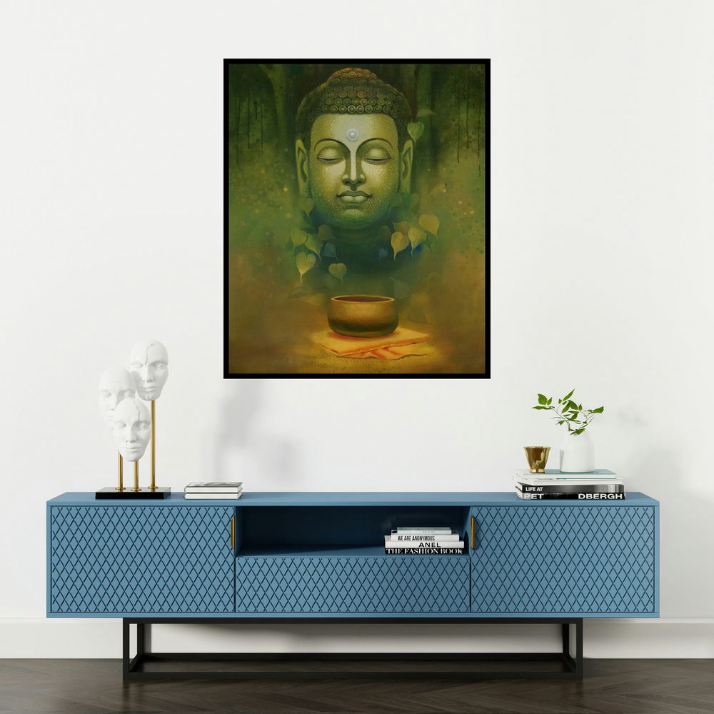 Sanjay Lokhande's 'Buddha Dhyana' painting visualized above a sofa in a contemporary room.