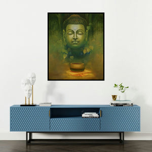 Sanjay Lokhande's 'Buddha Dhyana' painting visualized above a sofa in a contemporary room.