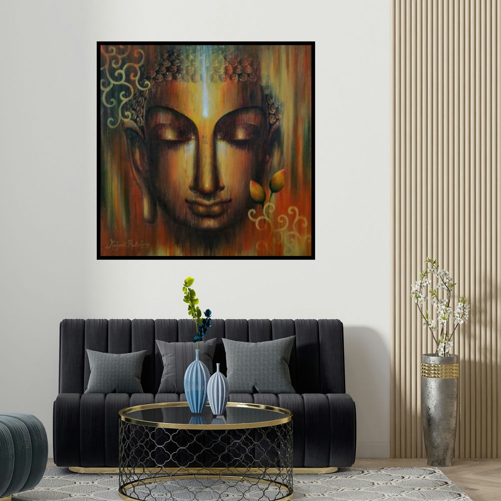 Madhumita Bhattacharya's 'Buddha Divyagyan (Inner Radiance)' painting visualized above a sofa in a contemporary room.