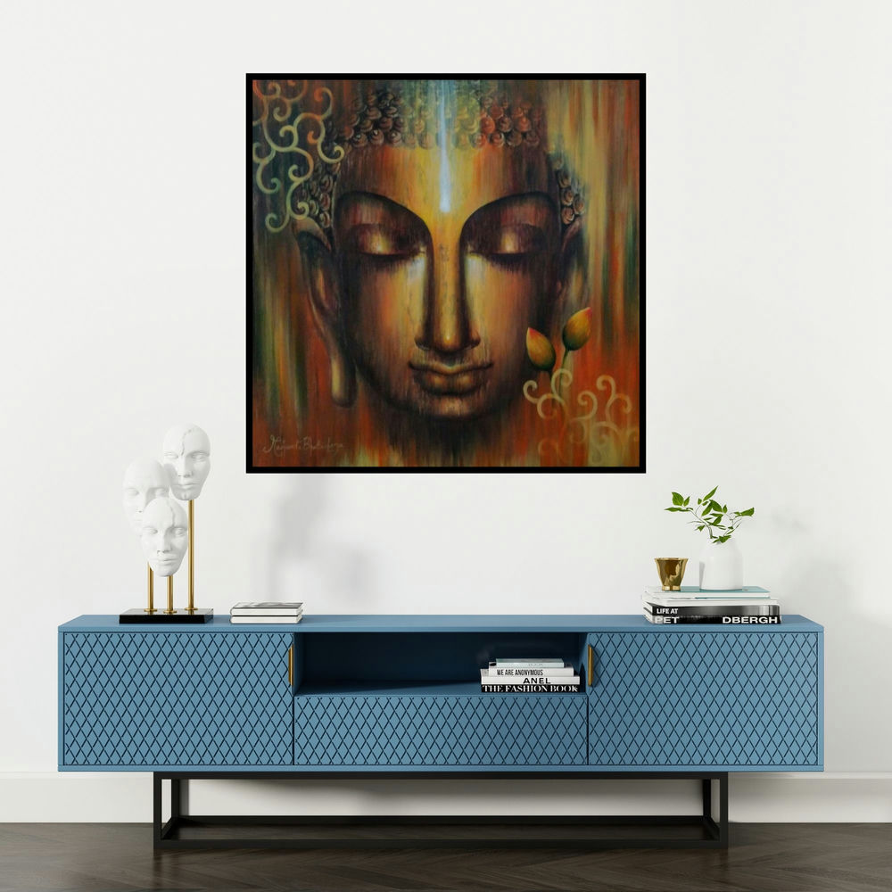 'Buddha Divyagyan (Inner Radiance)' painting by Madhumita Bhattacharya shown on a wall in a furnished room.