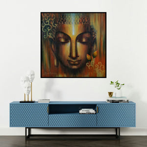 'Buddha Divyagyan (Inner Radiance)' painting by Madhumita Bhattacharya shown on a wall in a furnished room.