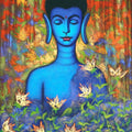 Religious acrylic painting titled 'Buddha With Flowers', 48x36 inch, by artist Shankar Devarukhe on Canvas