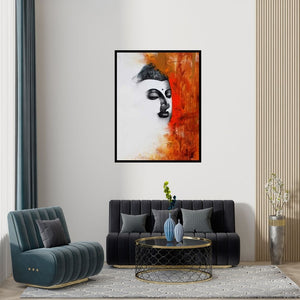 Preview of 'Buddha Ii (Buddha Emerging Serenity)' Painting by Narayan Shelke shown on a wall in a furnished room.
