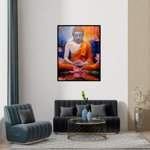 Preview of 'Buddha On Meditation' Painting by Arjun Das shown on a wall in a furnished room.
