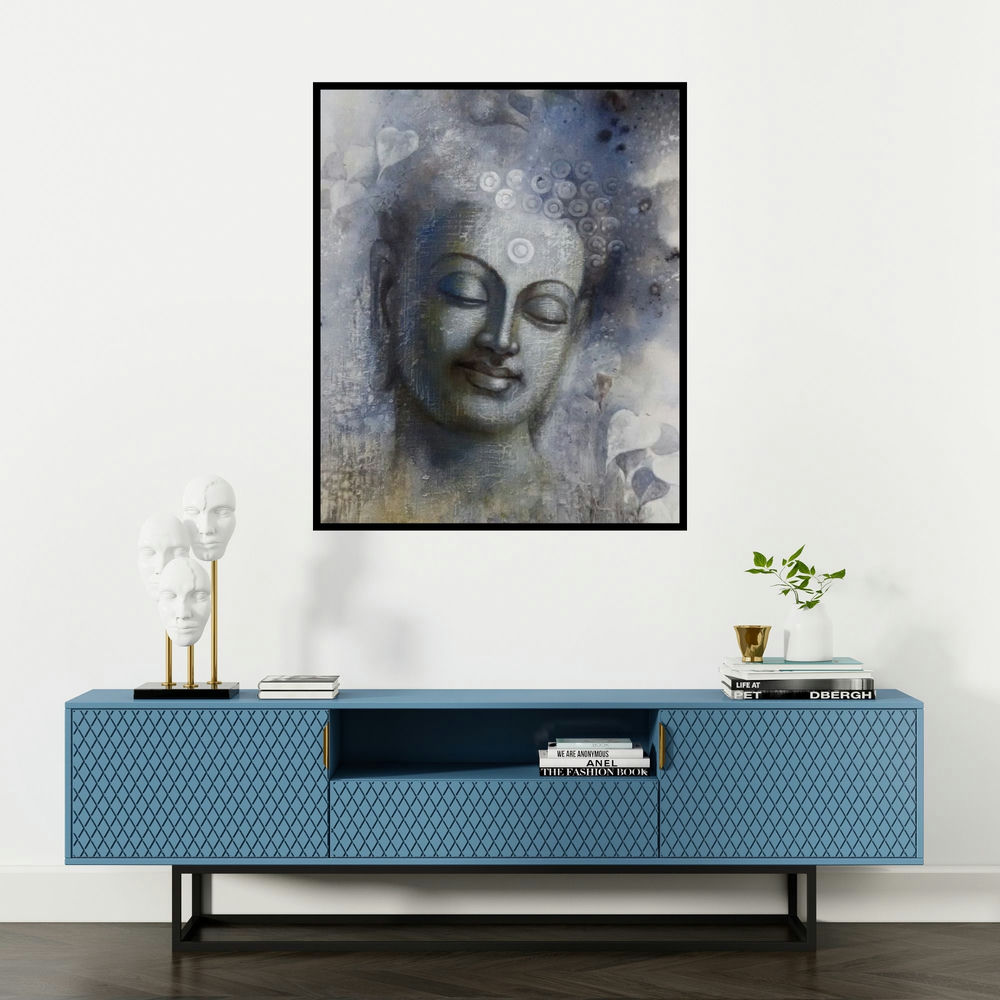Sanjay Lokhande's 'Buddha Mindfulness' painting visualized above a sofa in a contemporary room.
