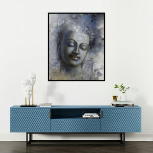 Sanjay Lokhande's 'Buddha Mindfulness' painting visualized above a sofa in a contemporary room.