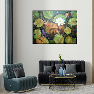 Shyamsundar Achary's 'Buddha With Nature (Serenity in the Lotus Pond)' painting visualized above a sofa in a contemporary room.