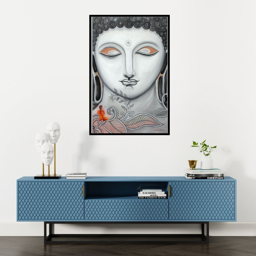 Preview of 'Buddha Painting (Enlightened Buddha)' Painting by Ganesh Badiger shown on a wall in a furnished room.