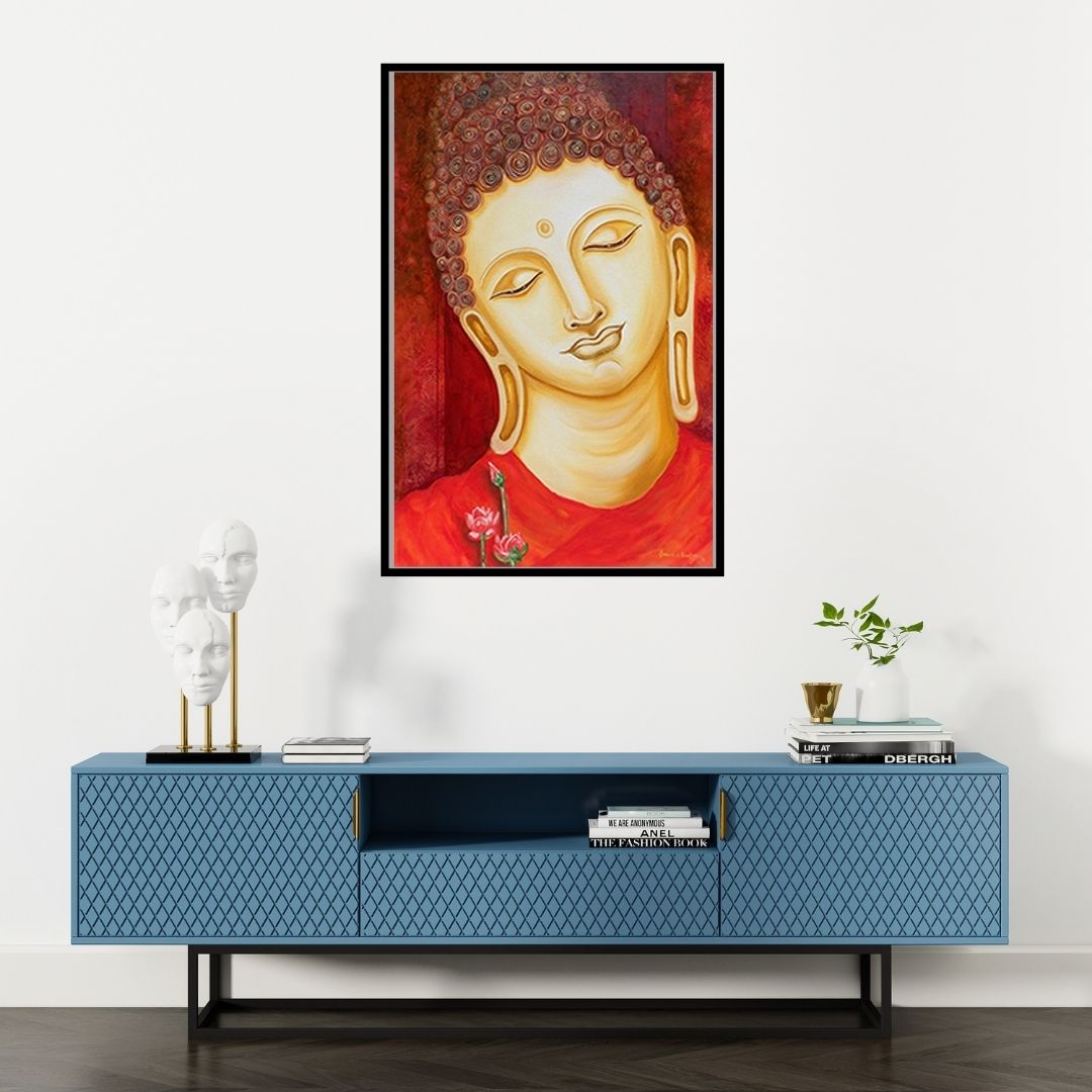 Preview of 'Buddha Painting (A majestic landscape painting)' Painting by Ganesh Badiger shown on a wall in a furnished room.