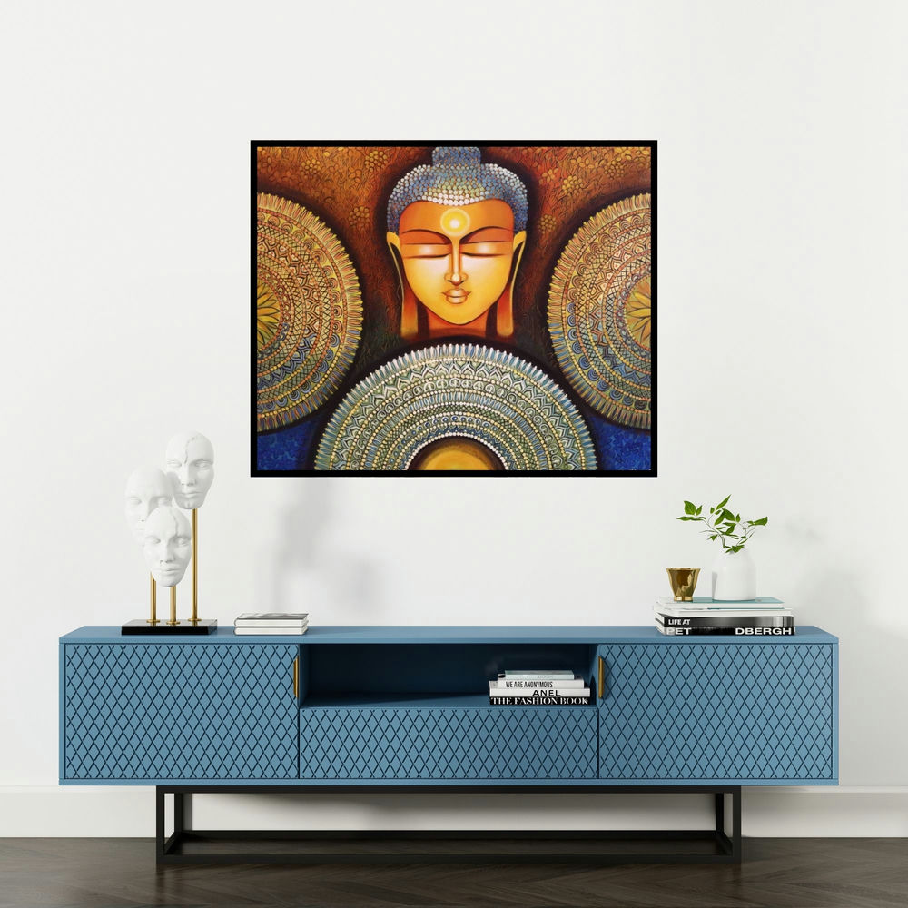 Nitu Chhajer's 'Buddha Peace Begins With Acceptance' painting visualized above a sofa in a contemporary room.