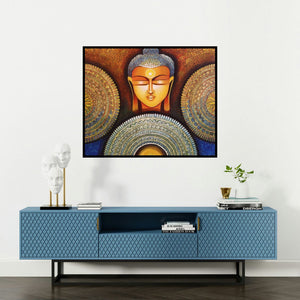 Nitu Chhajer's 'Buddha Peace Begins With Acceptance' painting visualized above a sofa in a contemporary room.