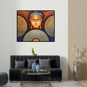 'Buddha Peace Begins With Acceptance' painting by Nitu Chhajer shown on a wall in a furnished room.