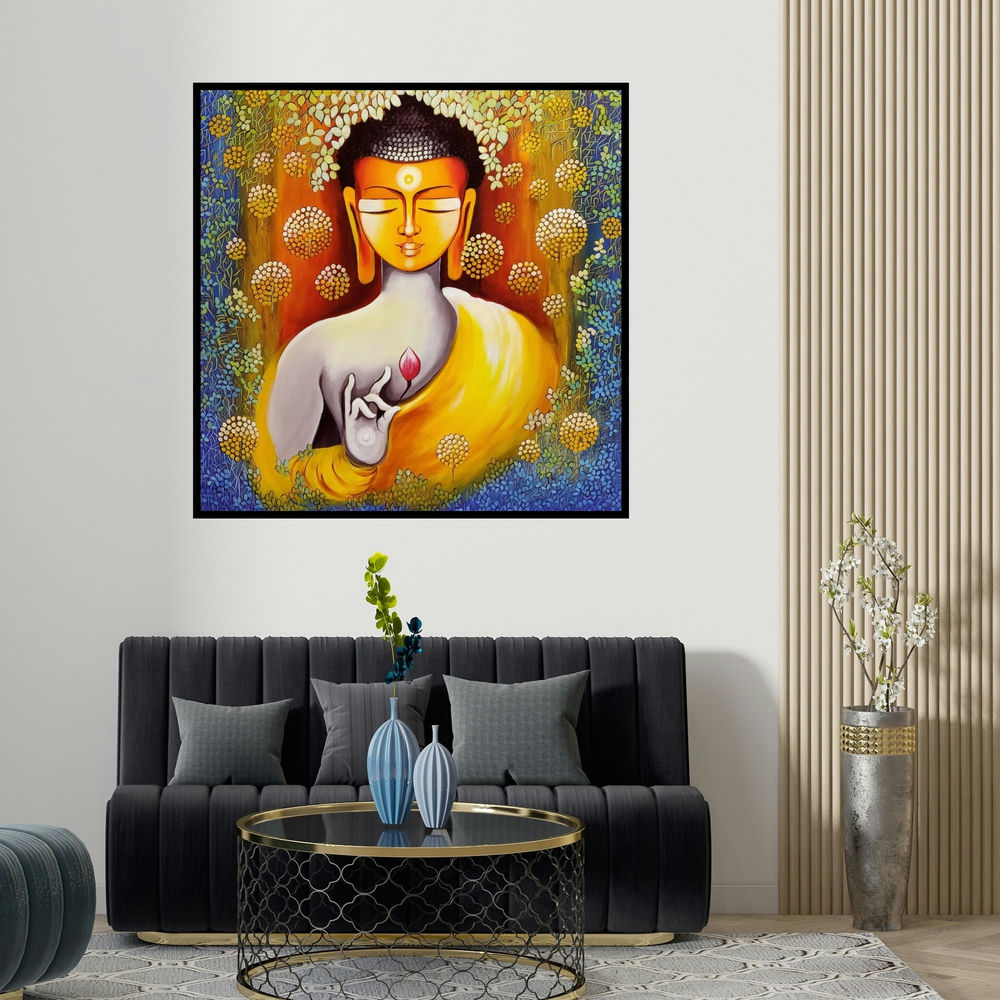 Nitu Chhajer's 'Buddha Peace Begins With Self Love Ser' painting visualized above a sofa in a contemporary room.