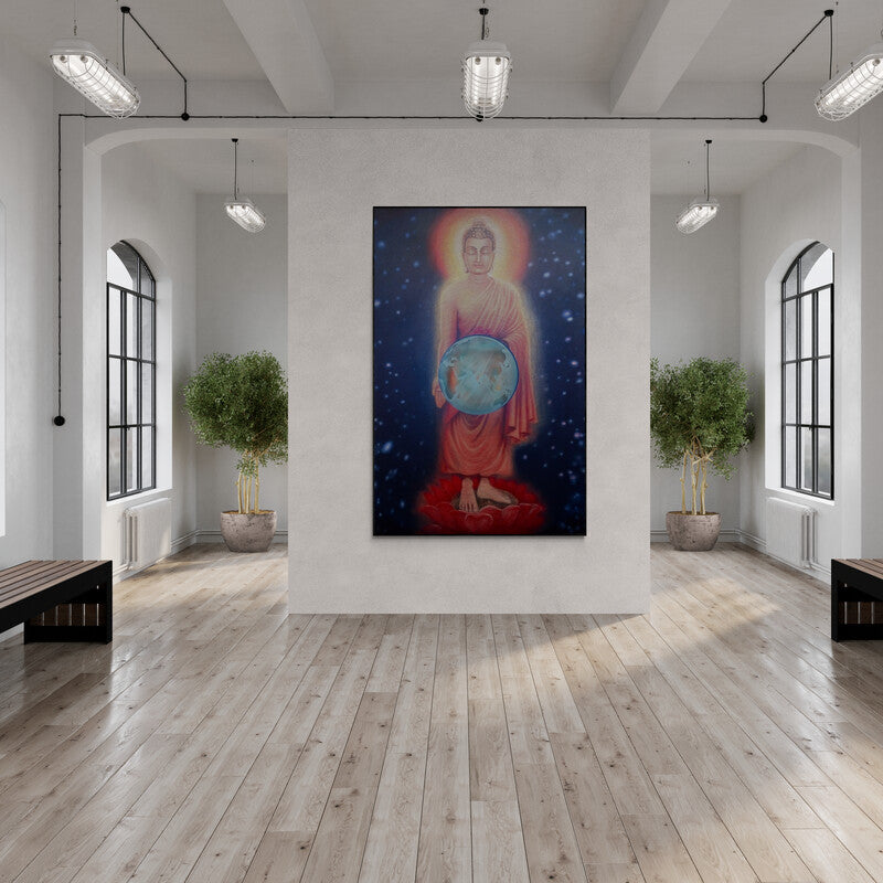 Preview of 'Buddha For Peace (Universal Compassion)' Painting by Ghanshyam Gupta shown on a wall in a furnished room.