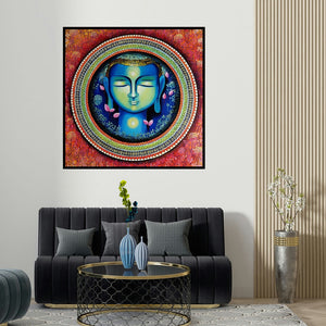 Nitu Chhajer's 'Buddha The Rise Of Soul Conciousness (Buddha in Meditation)' painting visualized above a sofa in a contemporary room.
