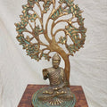 Buddha With Tree' religious Brass, Metal sculpture by artist Rohan Sonavane, 18x12 inch, on brass, metal