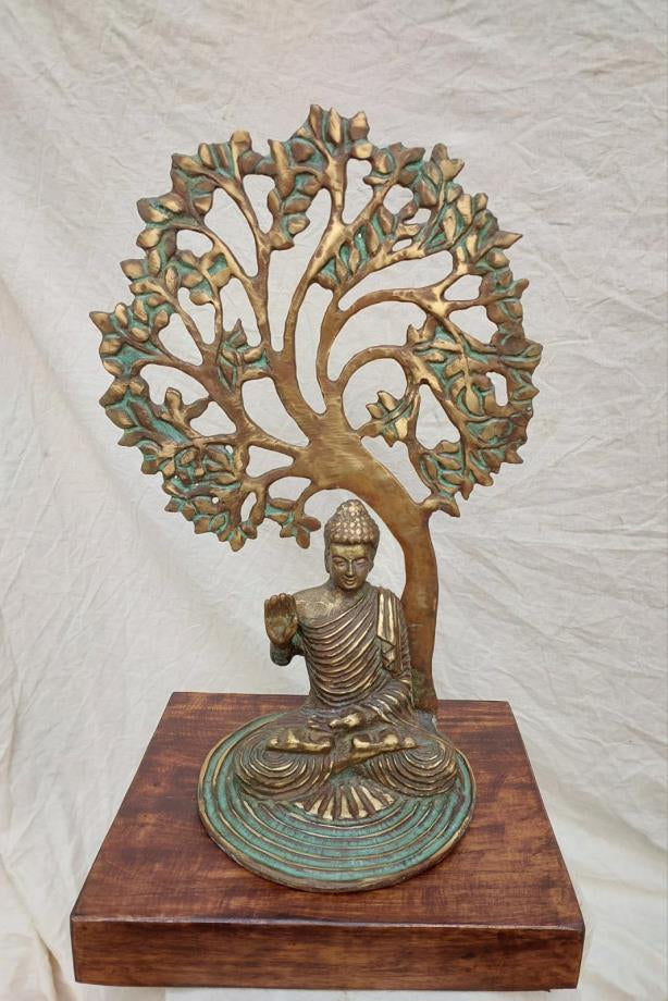 Buddha With Tree' religious Brass, Metal sculpture by artist Rohan Sonavane, 18x12 inch, on brass, metal
