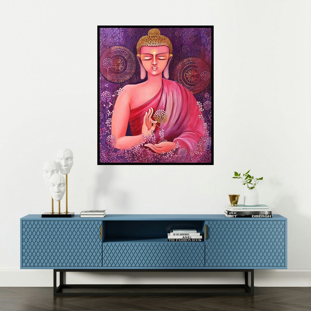 Nitu Chhajer's 'Buddha A Way Of Living In Freedom (Buddha in Red)' painting visualized above a sofa in a contemporary room.