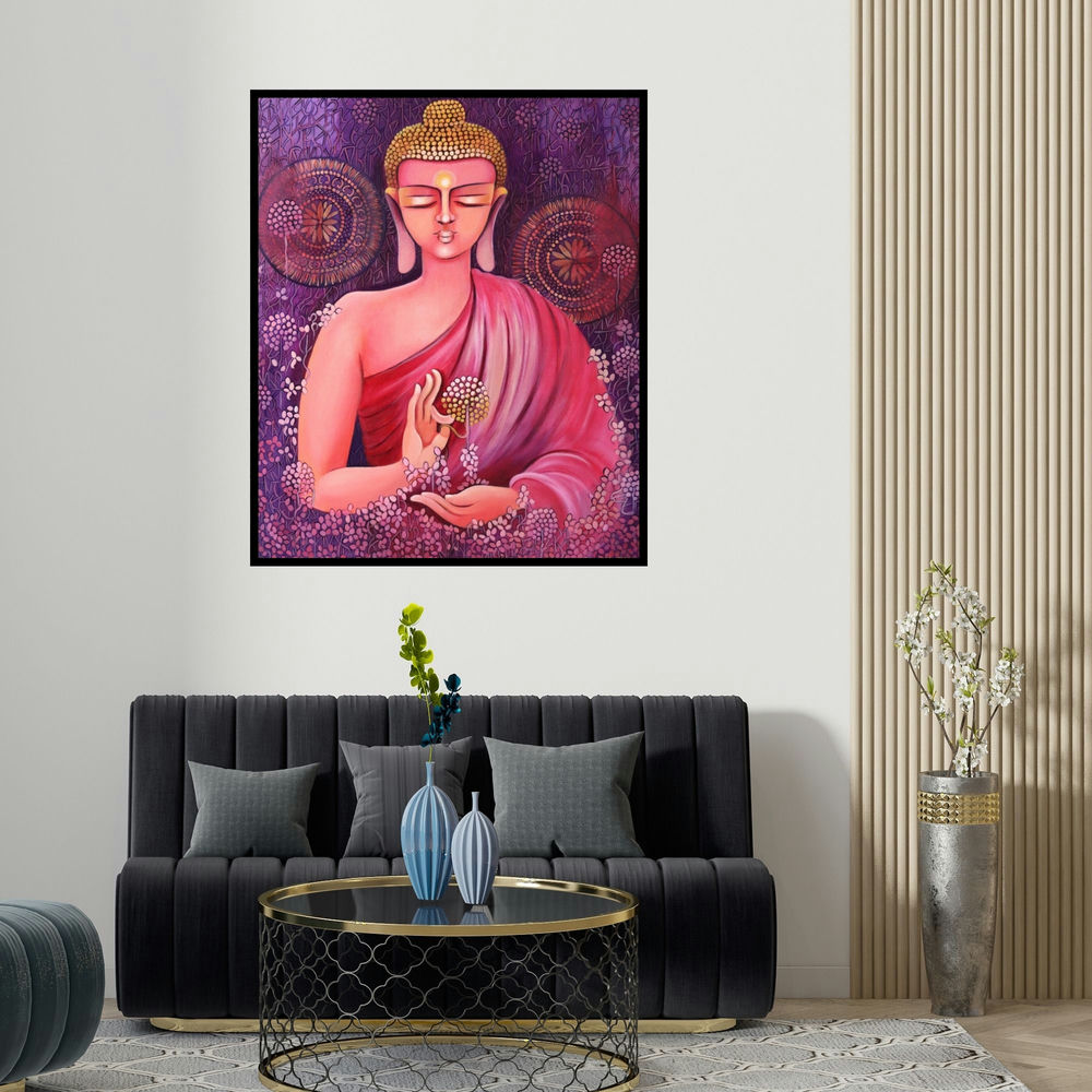 'Buddha A Way Of Living In Freedom (Buddha in Red)' painting by Nitu Chhajer shown on a wall in a furnished room.